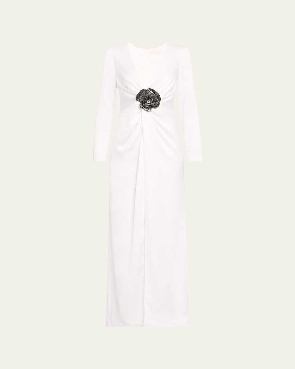 Daryl Deep V-Neck Floral Applique Column Gown